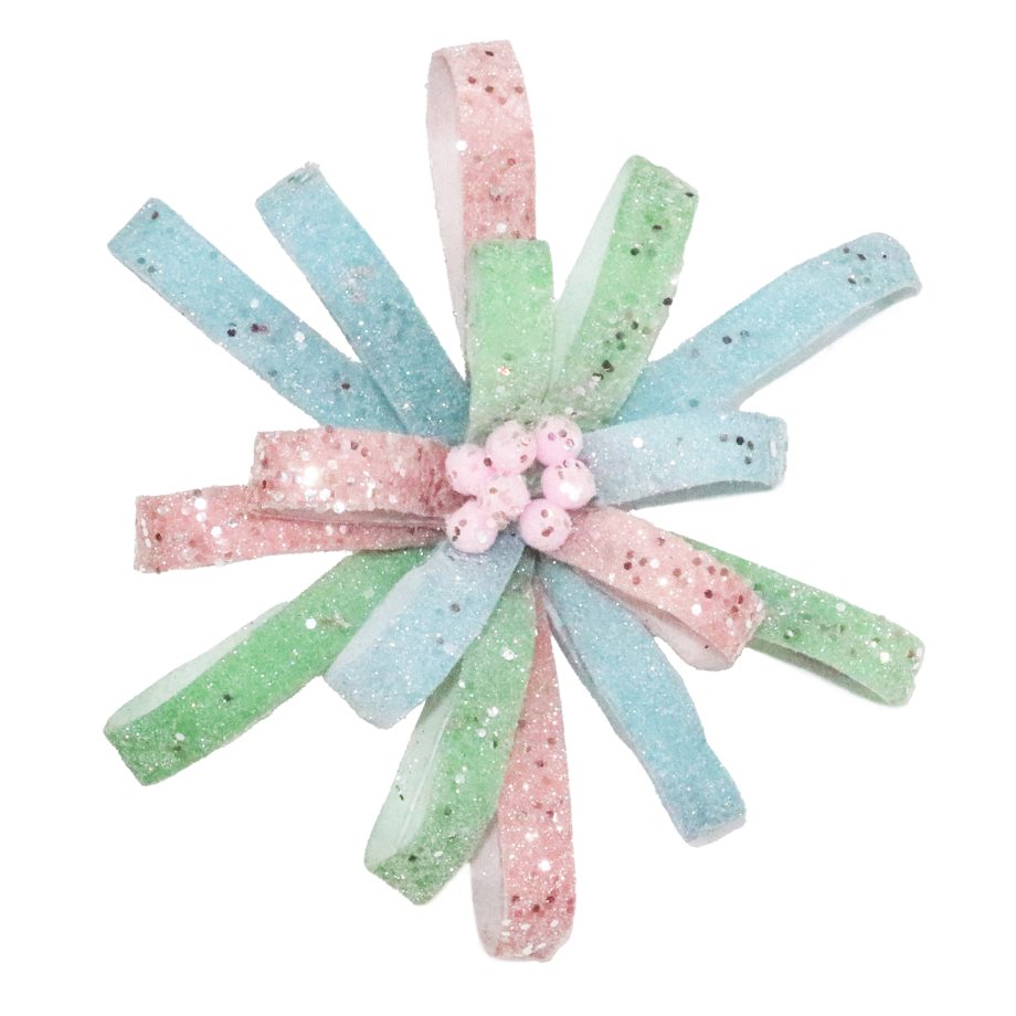FLOWER HEAD CANDY PINK/BLUE/GREEN 11" FABRIC FOLDED PETALS W/ GLITTER