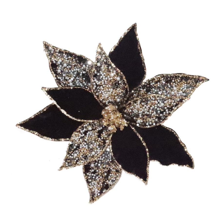 POINSETTIA HEAD BLACK/GOLD 11" VELVET W/ BEADS, SEQUINS & GLITTER