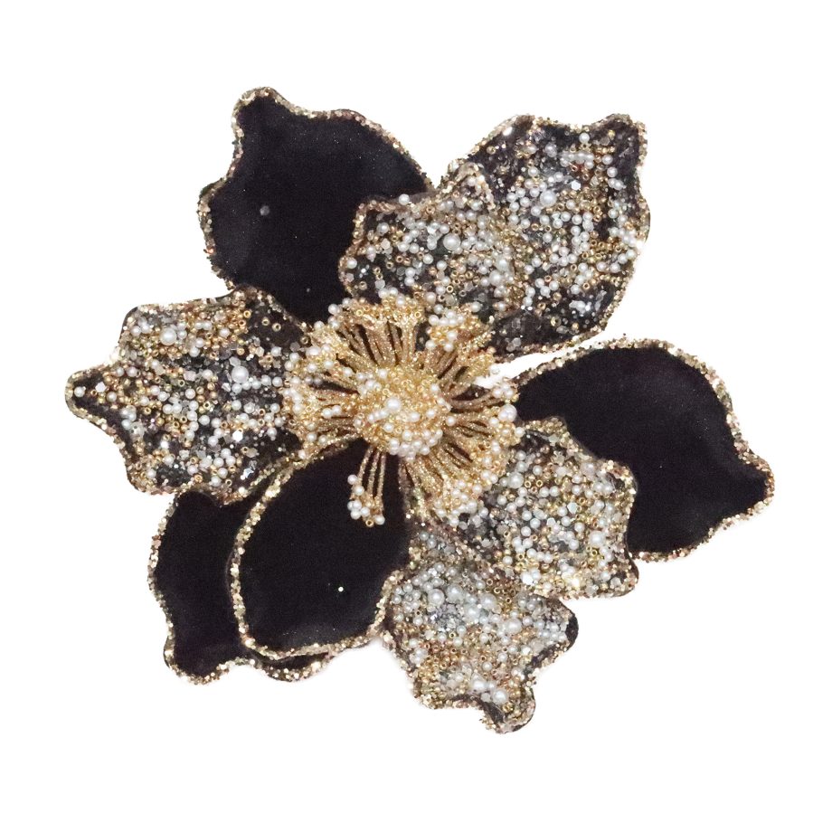 MAGNOLIA HEAD BLACK/GOLD 8" VELVET W/ BEADS, SEQUINS & GLITTER