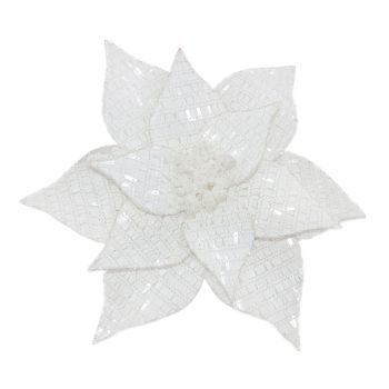 POINSETTIA HEAD WHITE 12" VELVET SEQUINS W/ GLITTER