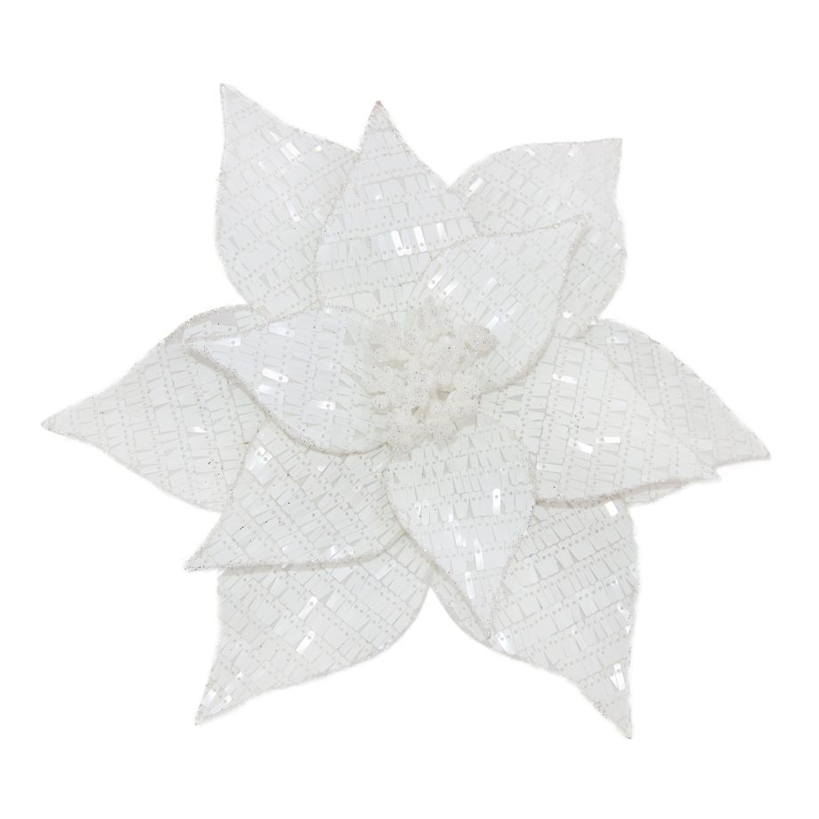 POINSETTIA HEAD WHITE 12" VELVET SEQUINS W/ GLITTER