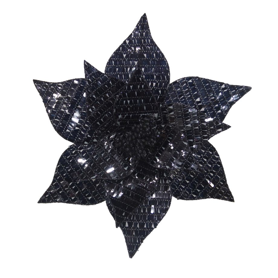POINSETTIA HEAD BLACK 12" VELVET SEQUINS W/ GLITTER