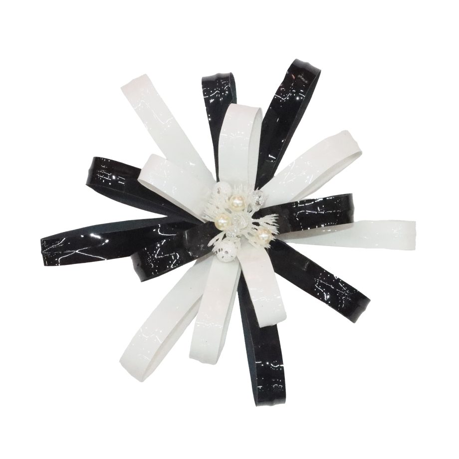 FLOWER HEAD BLACK/WHITE 10" PATENT LEATHER SHINY W/ BEADS & GLITTER CENTER