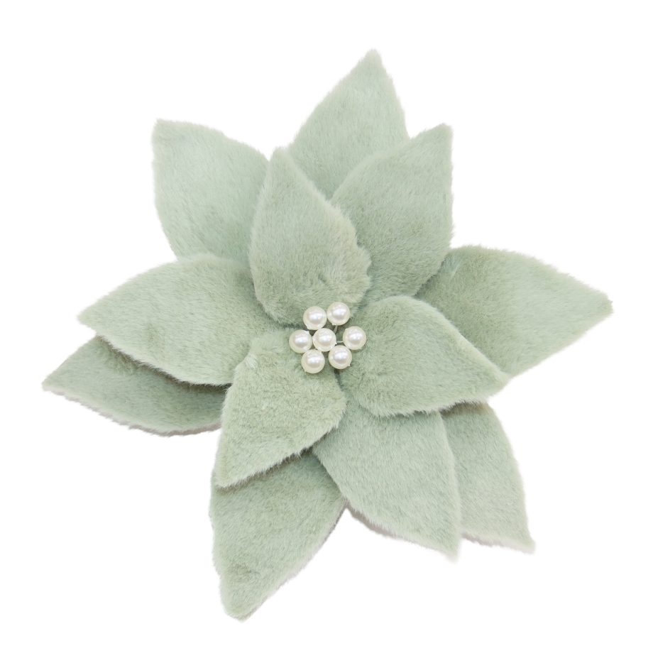 POINSETTIA HEAD MINT 11" FAUX FUR W/ PEARL BEADS CENTER
