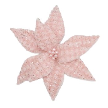POINSETTIA HEAD PINK 13" BOUCLAIR FUR FROSTED W/ GLITTER