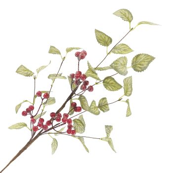 SPRAY MULBERRY LEAF SAGE GREEN 18" GLITTER W/ RED BERRIES