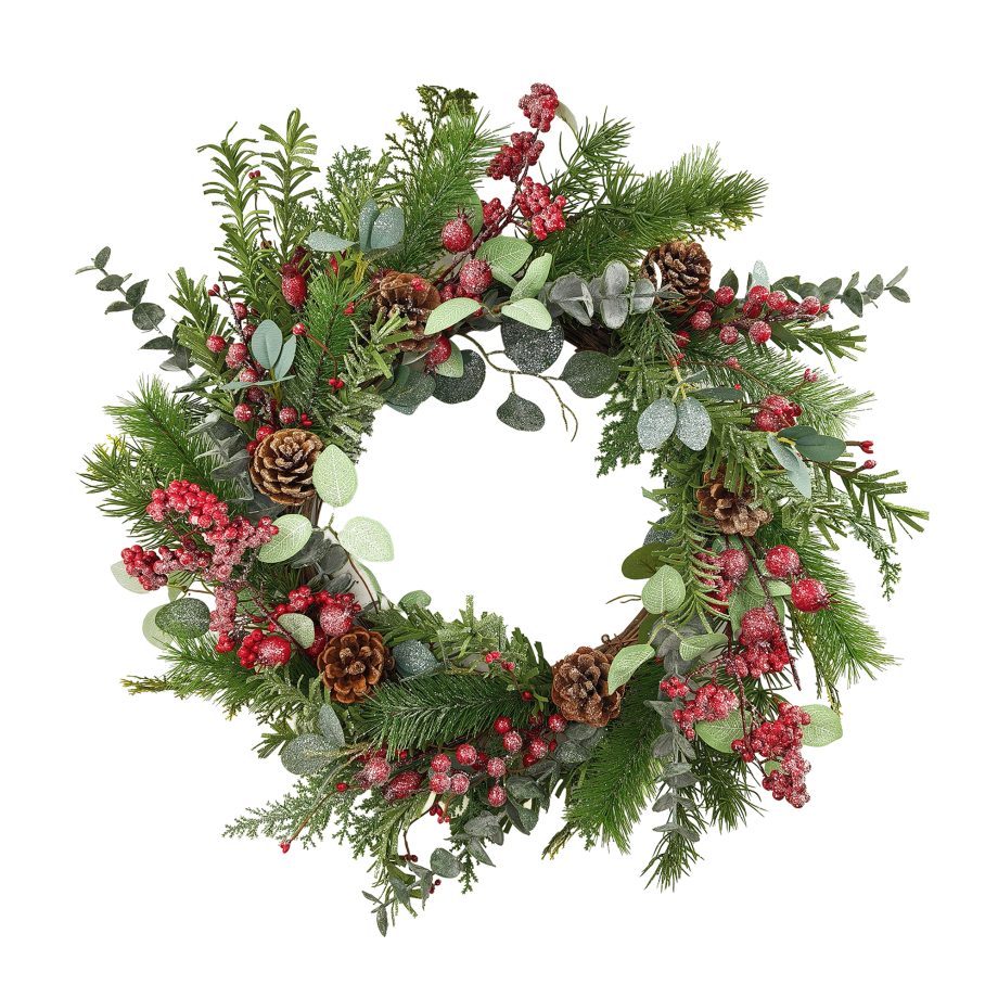 WREATH MIXED PINE & GREENERY GREEN/RED 24" FROSTED W/ PINE CONE & BERRIES