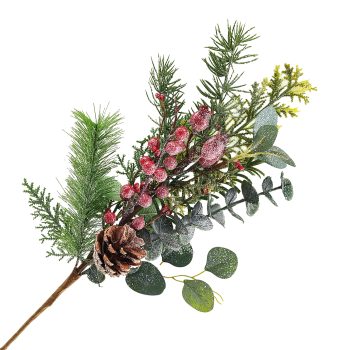 SPRAY MIXED PINE & GREENERY GREEN/RED 18" FROSTED W/ PINE CONE & BERRIES