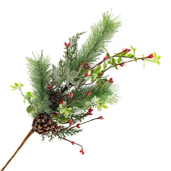 SPRAY MIXED PINE & VINES GREEN/RED 18" FROSTED W/ PINE CONE & BERRY