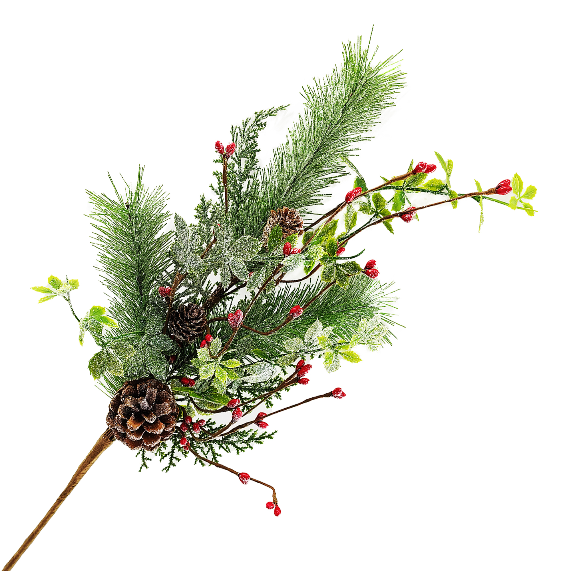 SPRAY MIXED PINE & VINES GREEN/RED 18" FROSTED W/ PINE CONE & BERRY