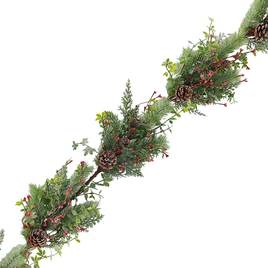GARLAND MIXED PINE & VINES GREEN/RED 5'FROSTED W/ PINE CONE & BERRY