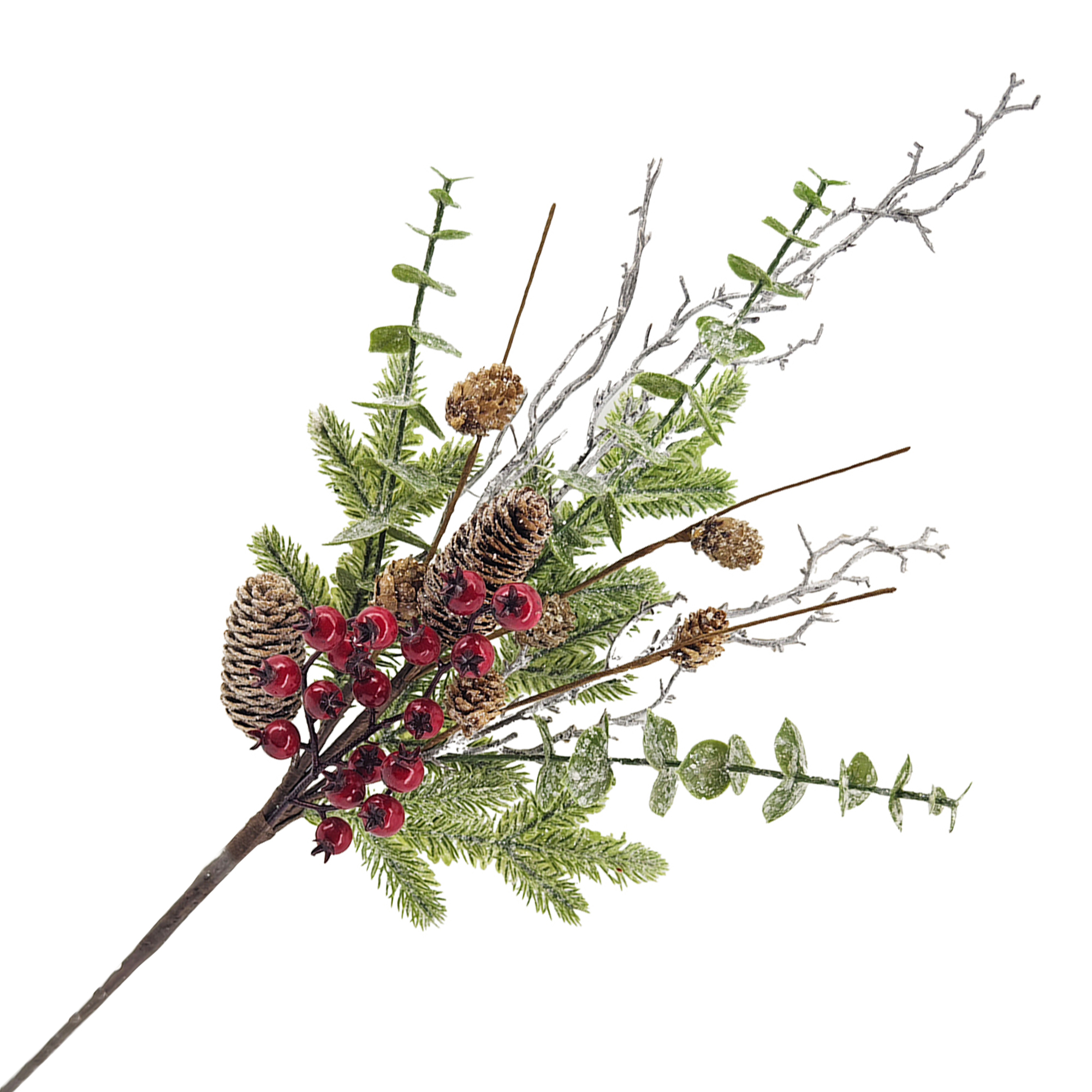 SPRAY EUCALYPTUS & PINE GREEN 23" FROSTED W/ RED BERRIES, PINE CONE & TWIGS