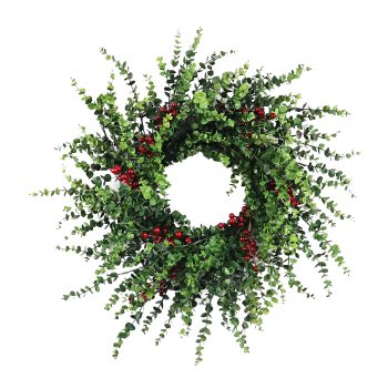 WREATH EUCALYPTUS MINI-LEAF 24" GREEN W/ RED BERRIES