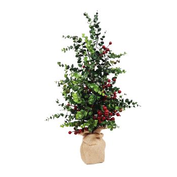 TREE EUCALYPTUS MINI-LEAF 24" GREEN W/ RED BERRIES & BURLAP BASE