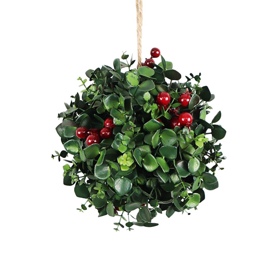 BALL EUCALYPTUS MINI-LEAF 7" GREEN W/ RED BERRIES