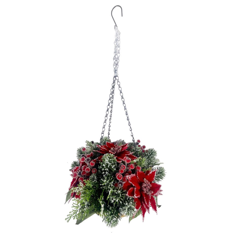 HANGING BASKET ICED POINSETTIA 32X15" RED/NATURAL W/ MIXED PINE & MAGNOLIA LEAF