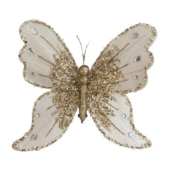 BUTTERFLY VELVET 10" WHITE/GOLD W/ DIAMOND BEADS, SEQUINS, GLITTER & CLIP