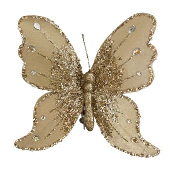 BUTTERFLY VELVET 10" BEIGE/GOLD W/ DIAMOND BEADS, SEQUINS, GLITTER & CLIP