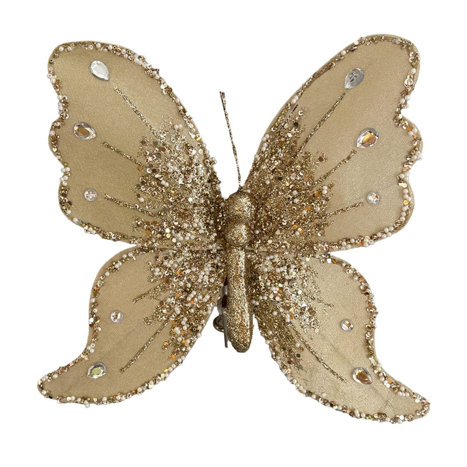 BUTTERFLY VELVET 10" BEIGE/GOLD W/ DIAMOND BEADS, SEQUINS, GLITTER & CLIP