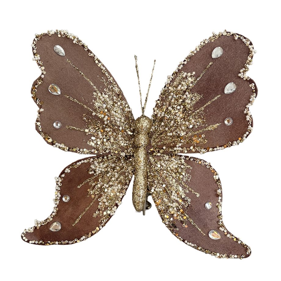 BUTTERFLY VELVET 10" BROWN/GOLD W/ DIAMOND BEADS, SEQUINS, GLITTER & CLIP