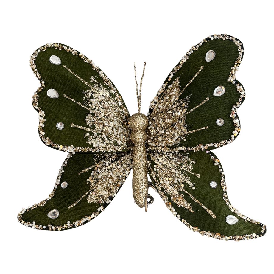 BUTTERFLY VELVET 10" GREEN/GOLD W/ DIAMOND BEADS, SEQUINS, GLITTER & CLIP