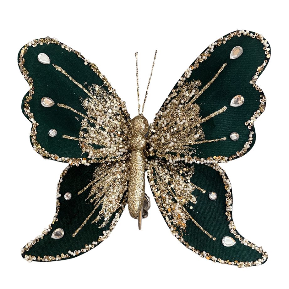 BUTTERFLY VELVET 10" DK. GREEN/GOLD W/ DIAMOND BEADS, SEQUINS, GLITTER & CLIP