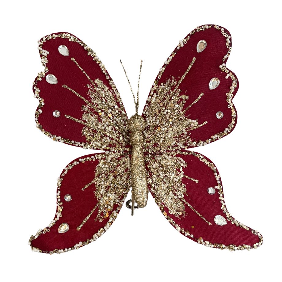 BUTTERFLY VELVET 10" BURGUNDY/GOLD W/ DIAMOND BEADS, SEQUINS, GLITTER & CLIP