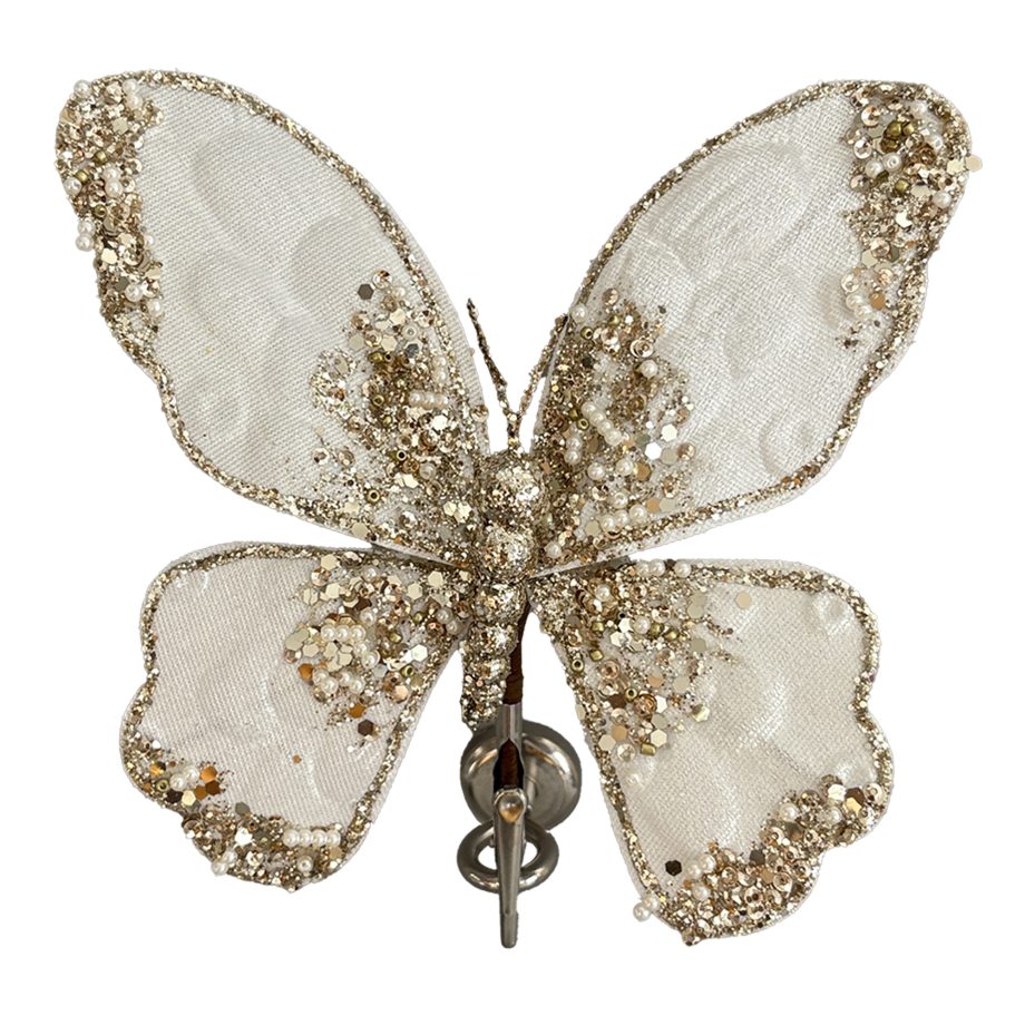 BUTTERFLY VELVET WHITE/GOLD 7" W/ BEADS, SEQUINS, GLITTER & CLIP