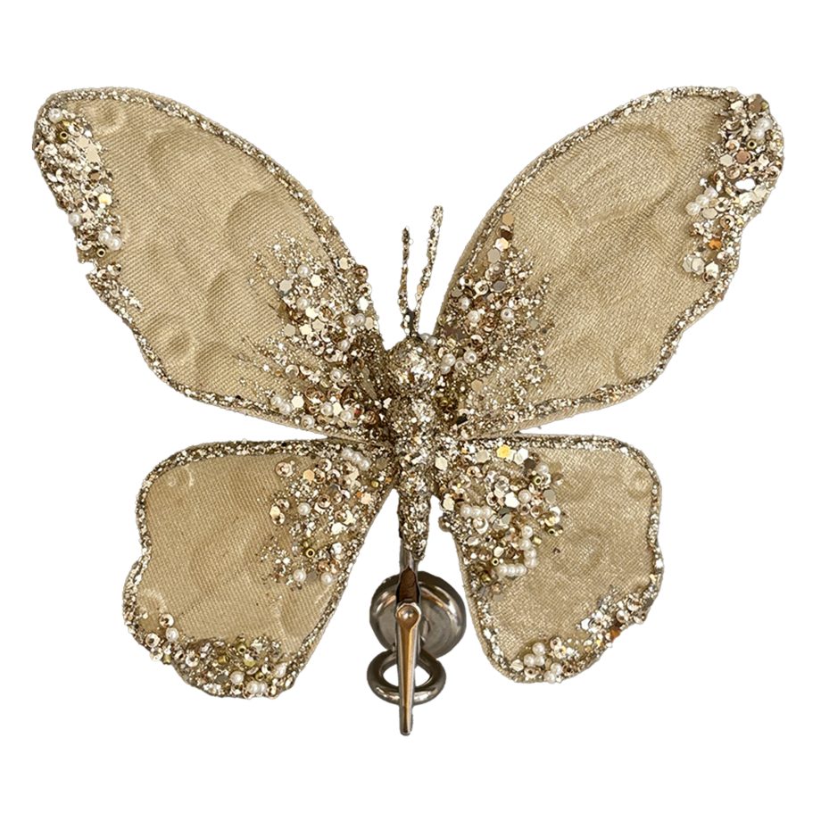 BUTTERFLY VELVET BEIGE/GOLD 7" W/ PEARL, SEQUINS, GLITTER & CLIP