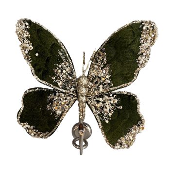 BUTTERFLY VELVET GREEN/GOLD 7" W/ PEARL, SEQUINS, GLITTER & CLIP