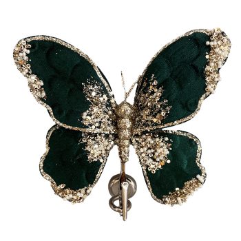 BUTTERFLY VELVET DK. GREEN/GOLD 7" W/ PEARL, SEQUINS, GLITTER & CLIP
