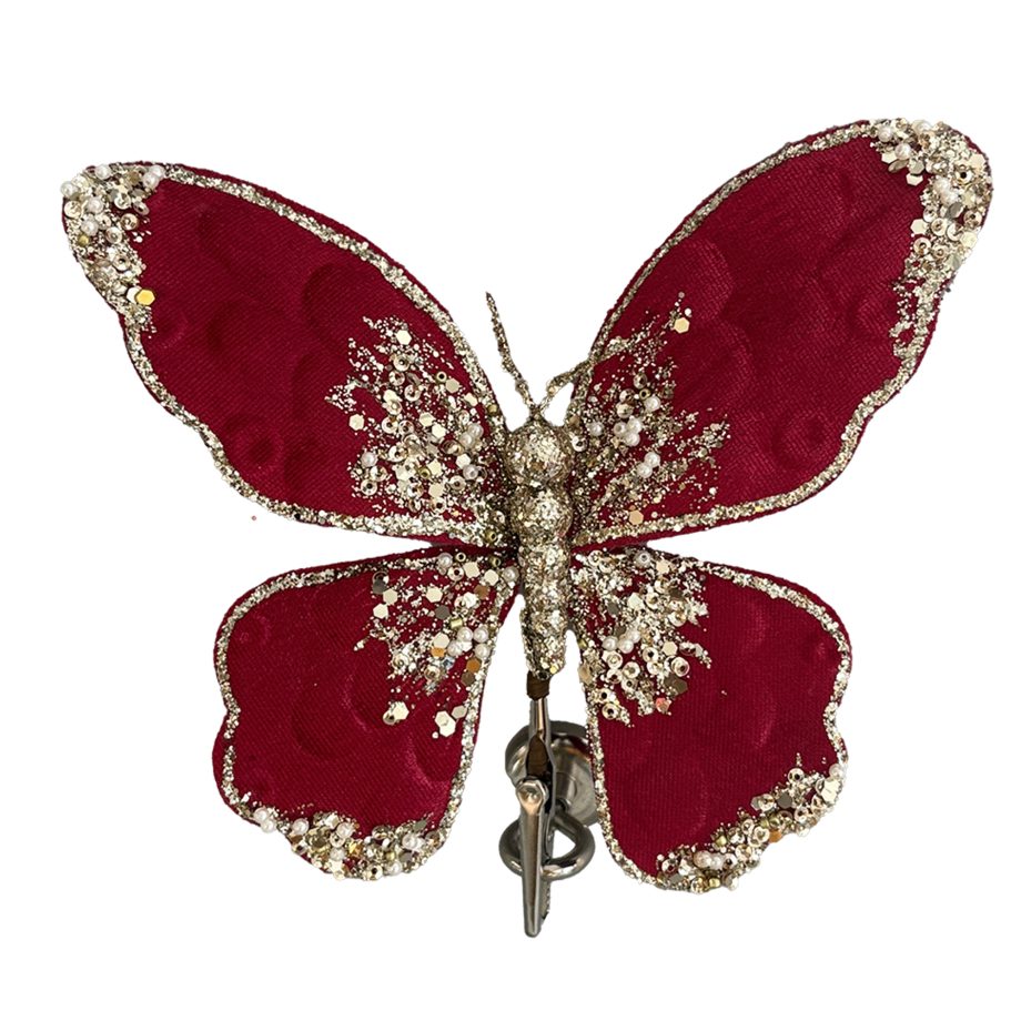 BUTTERFLY VELVET BURGUNDY/GOLD 7" W/ PEARL, SEQUINS, GLITTER & CLIP