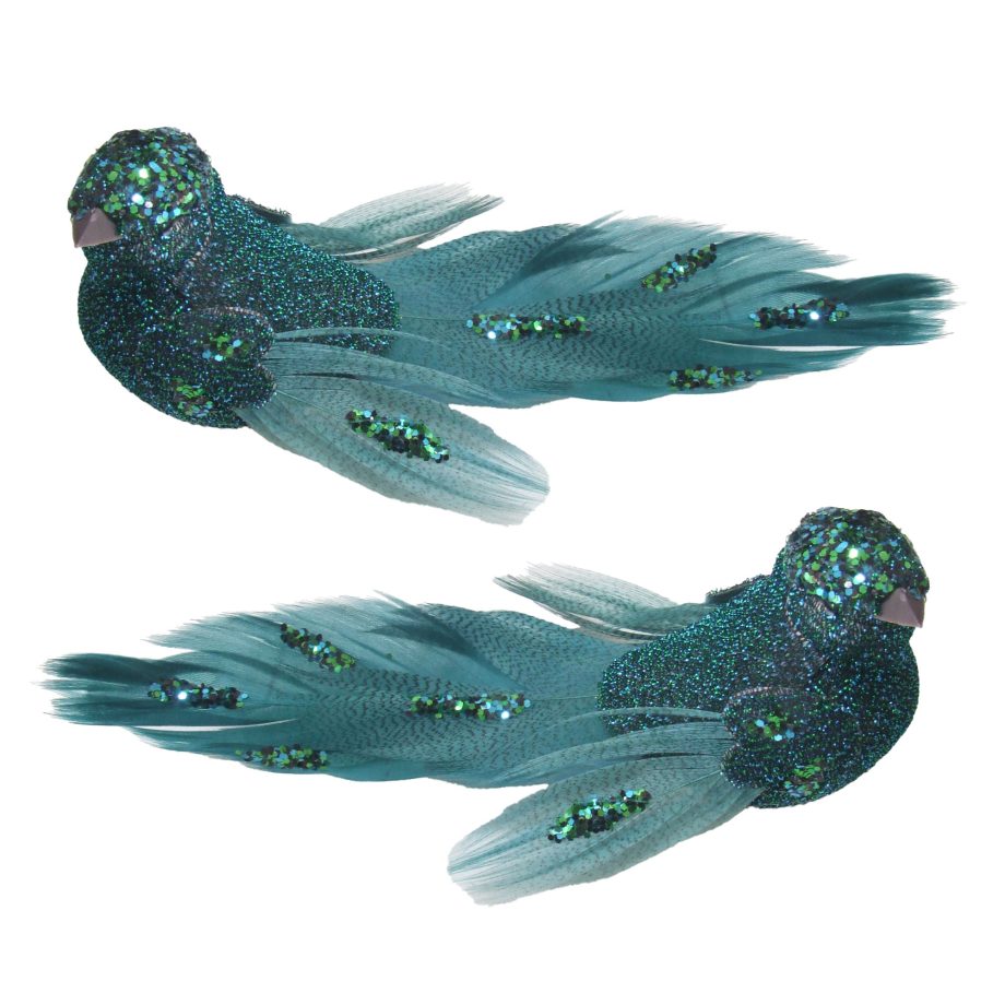 BIRD DARK GREEN FEATHER/FABRIC 6" 2 STYLES W/ GLITTER & CLIP