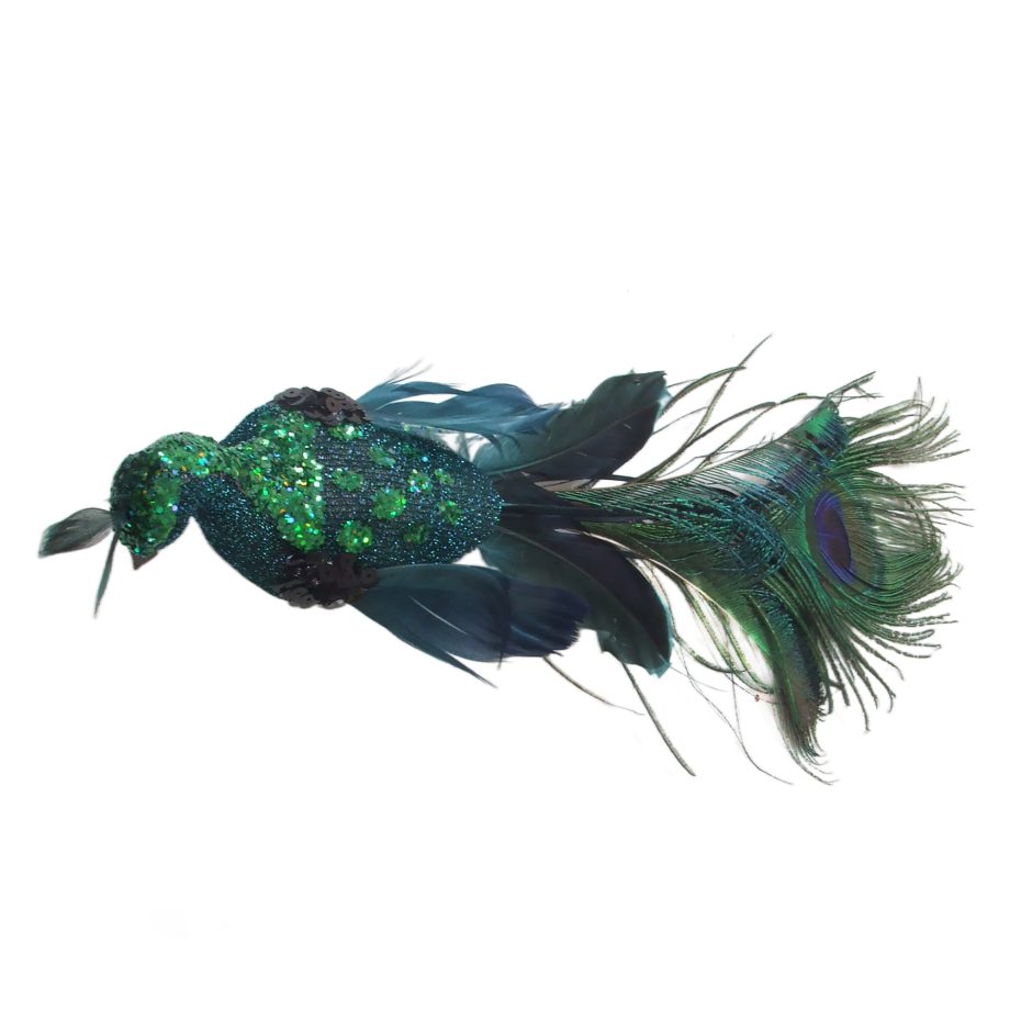 PEACOCK DARK GREEN FEATHER/FABRIC 14.5" W/ GLITTER, SEQUINS & CLIP