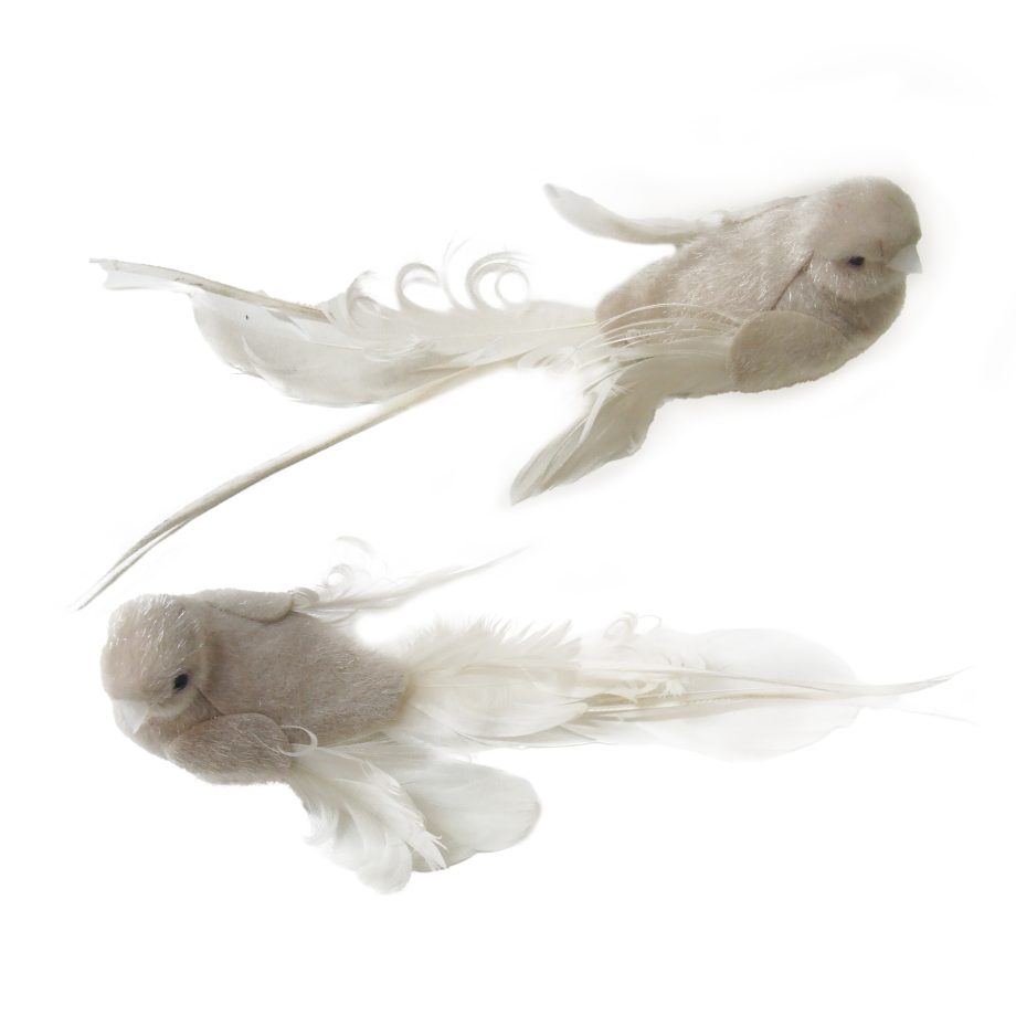 BIRD CREAM FEATHER/FABRIC 8" 2 STYLES W/ CLIP