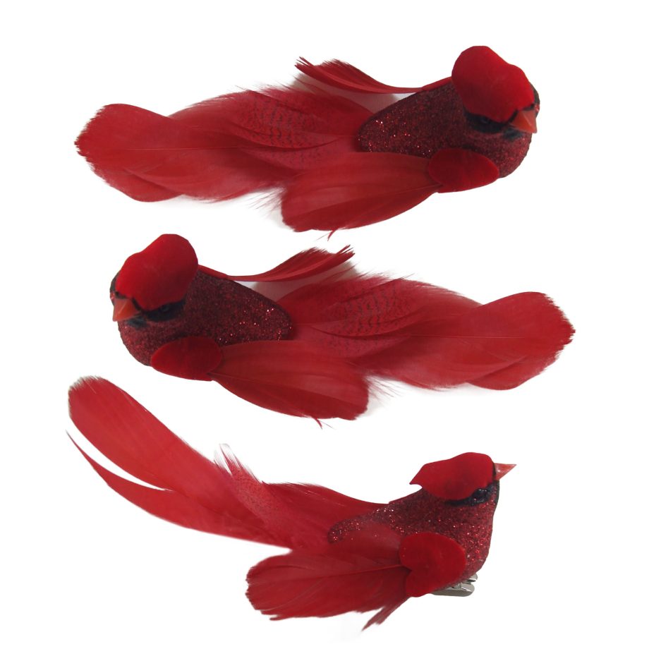 CARDINAL RED FEATHER/FABRIC 6" 3 STYLES W/ GLITTER & CLIP