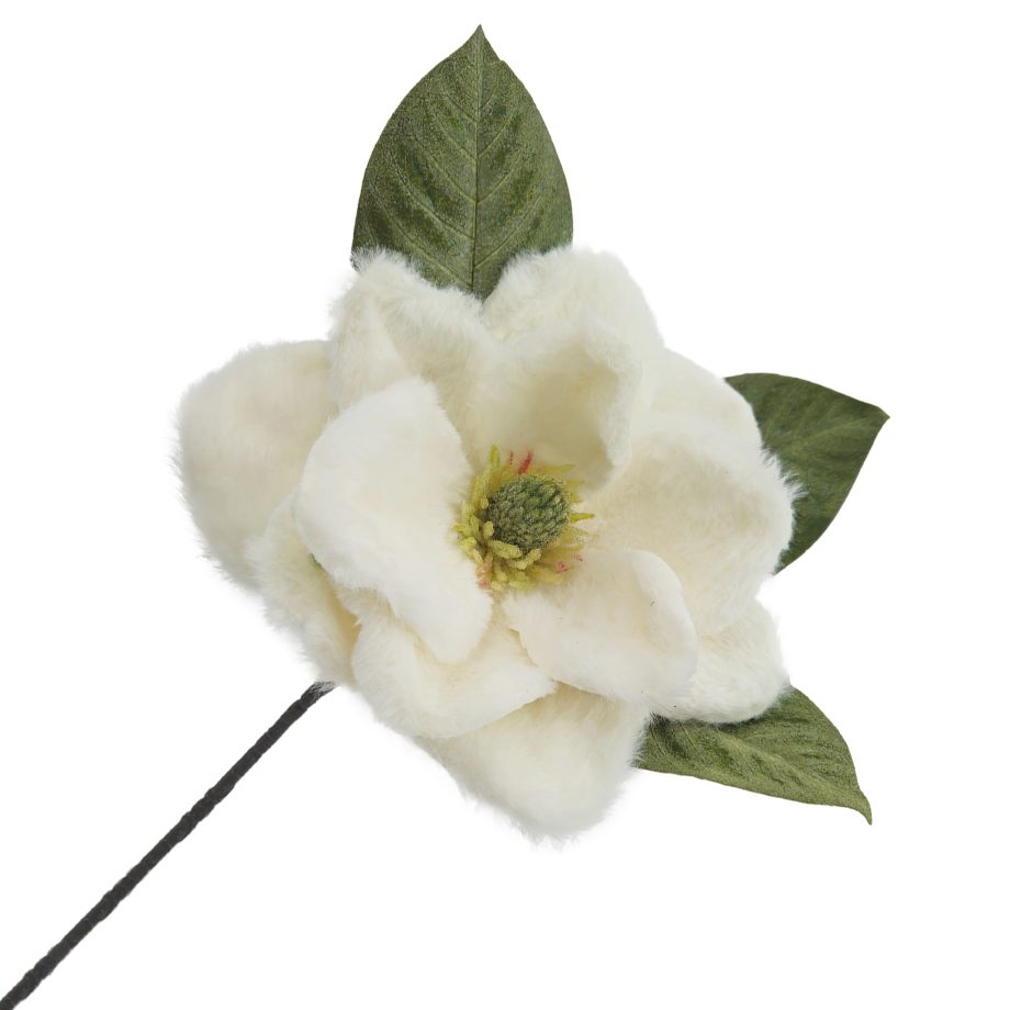 SPRAY MAGNOLIA HEAD VELVET WHITE FAUX FUR 15"