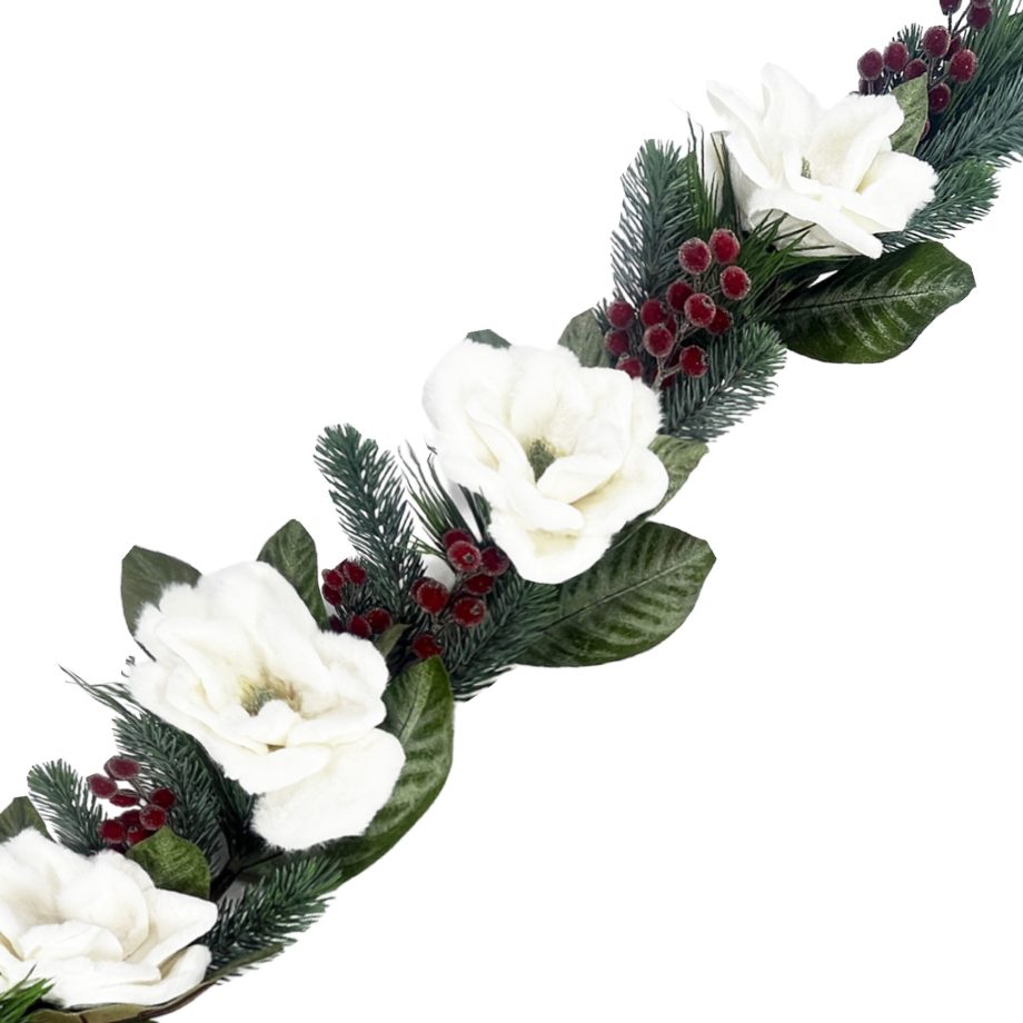 GARLAND MAGNOLIA 60" WHITE FAUX FUR W/ ICED RED BERRIES