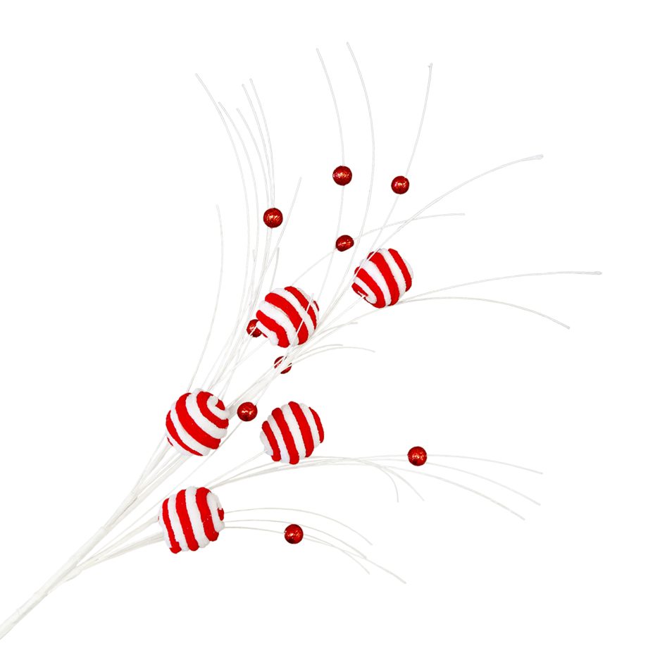 BALL SPRAY 31" CANDY CANE BALLS RED/WHITE  FUR FABRIC RIBBED W/ MINI-BALLS