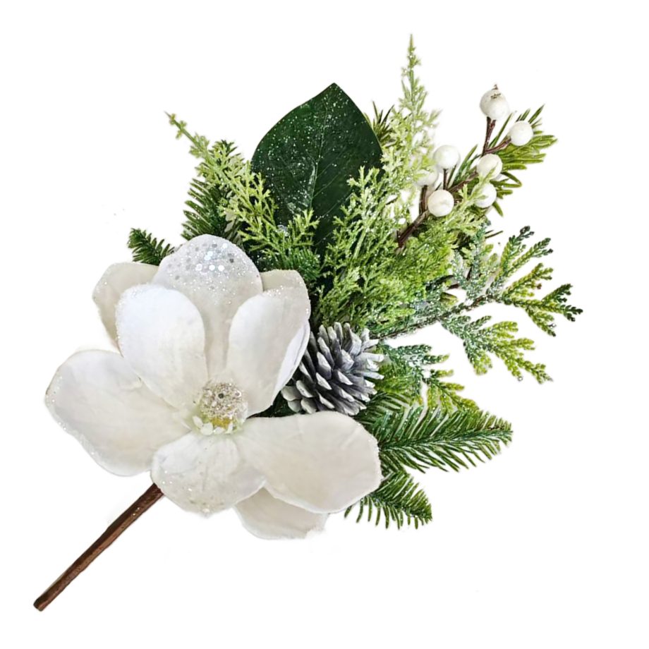 SPRAY MAGNOLIA HEAD W/ MIXED GREENERY 16'' WHITE/GREEN W/ BERRIES & PINE CONE