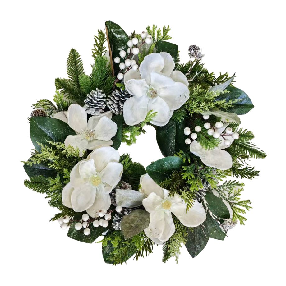WREATH MAGNOLIA HEAD W/ MIXED GREENERY 24'' WHITE/GREEN W/ BERRIES & PINE CONE