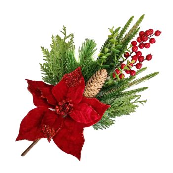 SPRAY POINSETTIA HEAD RED/NATURAL 16" W/ MIXED PINE, BERRY & PINE CONE
