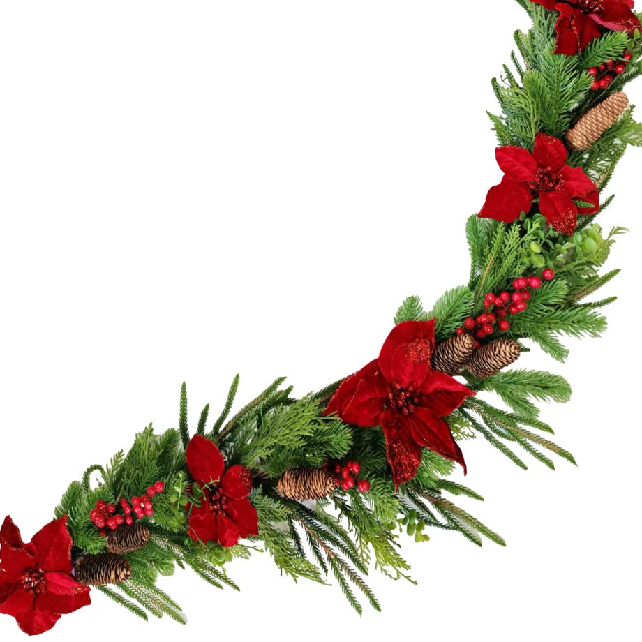 GARLAND POINSETTIA HEAD RED/NATURAL 60" W/ MIXED PINE, BERRY & PINE CONE