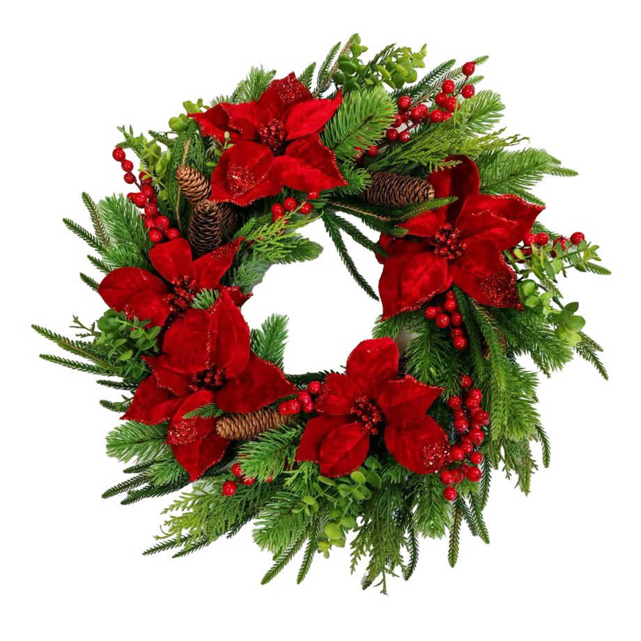 WREATH POINSETTIA HEAD RED/NATURAL 24" W/ MIXED PINE, BERRY & PINE CONE