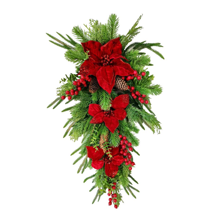TEARDROP POINSETTIA HEAD RED/NATURAL 30" W/ MIXED PINE, BERRY & PINE CONE