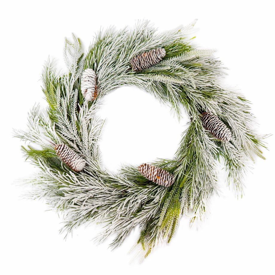 WREATH SNOW FLOCKED MIXED PINE 23.5" W/ PINE CONE