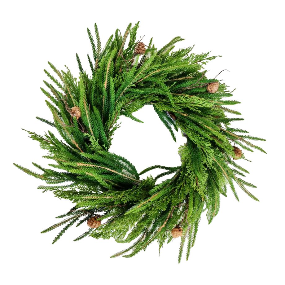 WREATH MIXED NORFOLK/CEDAR PINE 24" GREEN NATURAL W/ PINE CONE