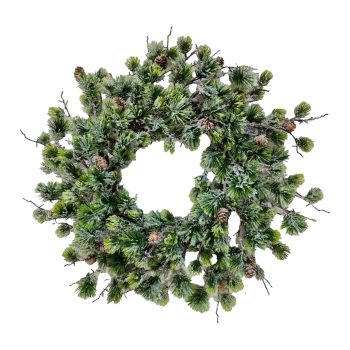 WREATH FROSTED SPARKLE PINE 24" GREEN W/ PINE CONE & TWIGS