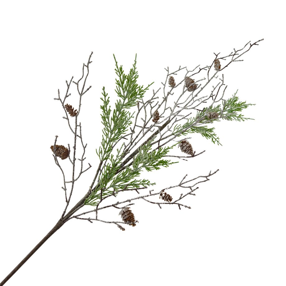 SPRAY PINE & TWIGS GREEN/BROWN 37" FROSTED W/ PINE CONE GLITTER