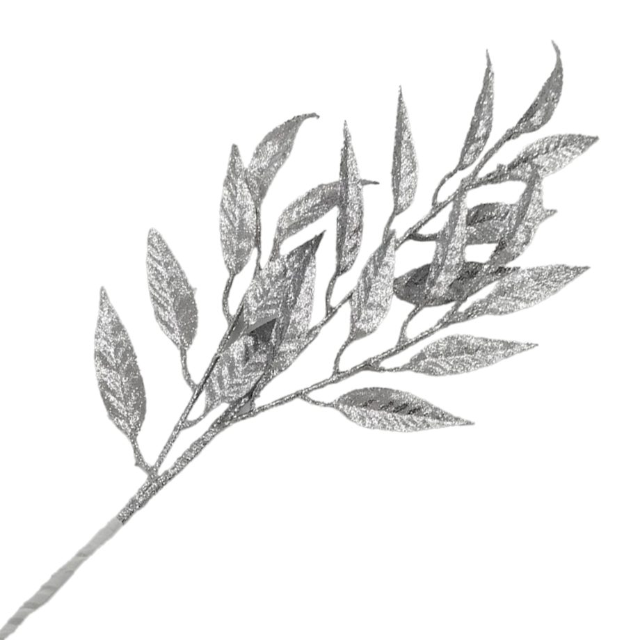 SPRAY LEAF SILVER 29" GLITTER